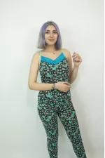 Kadın Teknur Papatya Desenli Askılı Pijama Takımı Mavi-Siyah