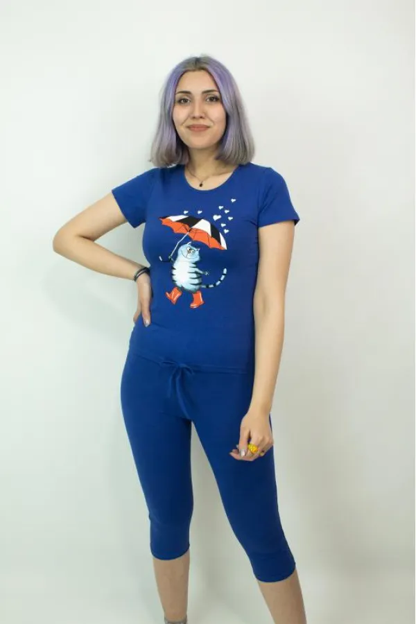 Kadın Teknur Baskılı Kapri T-Shirt Pijama Takımı Mavi