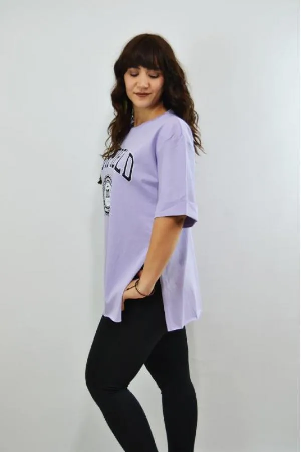 Berfield Baskılı Duble Kol Yırtmaçlı Oversize Kadın T-Shirt Lila