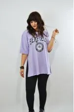 Berfield Baskılı Duble Kol Yırtmaçlı Oversize Kadın T-Shirt Lila