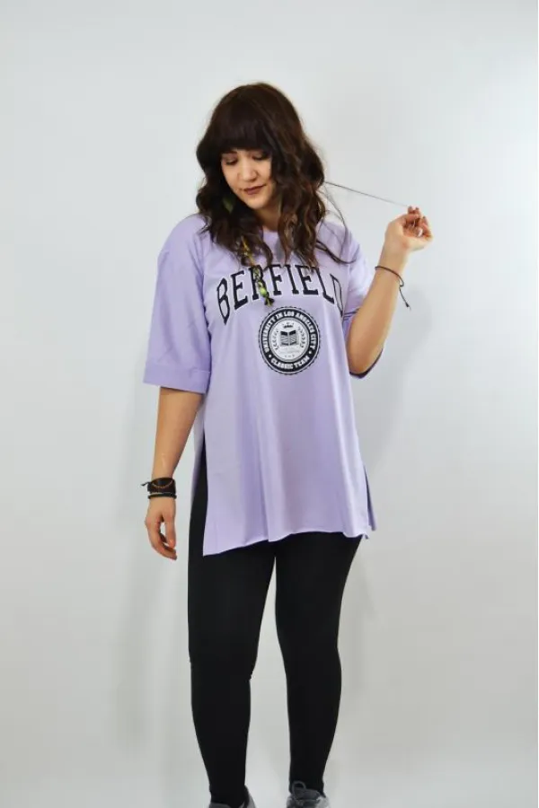 Berfield Baskılı Duble Kol Yırtmaçlı Oversize Kadın T-Shirt Lila