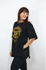 Hogwarts Baskılı Duble Kol Yırtmaçlı Oversize Kadın T-Shirt Siyah