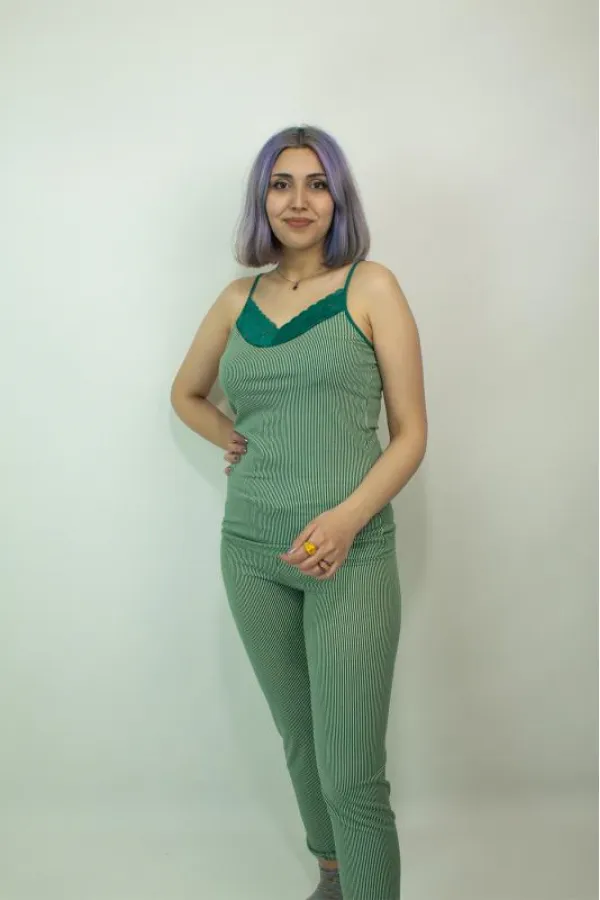 Kadın Teknur Çizgili Askılı Pijama Takımı Yeşil