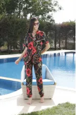 Kadın Teknur Çiçek Desenli Düğmeli Pijama Takımı Siyah