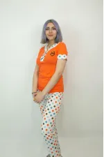 Kadın Teknur Puantiyeli Modal Kumaş Pijama Takımı Turuncu-Beyaz