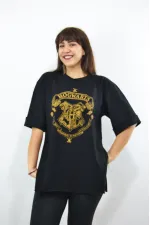 Hogwarts Baskılı Duble Kol Yırtmaçlı Oversize Kadın T-Shirt Siyah