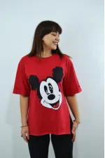 Mickey Mouse Baskılı Duble Kol Yırtmaçlı Oversize Kadın T-Shirt Kırmızı