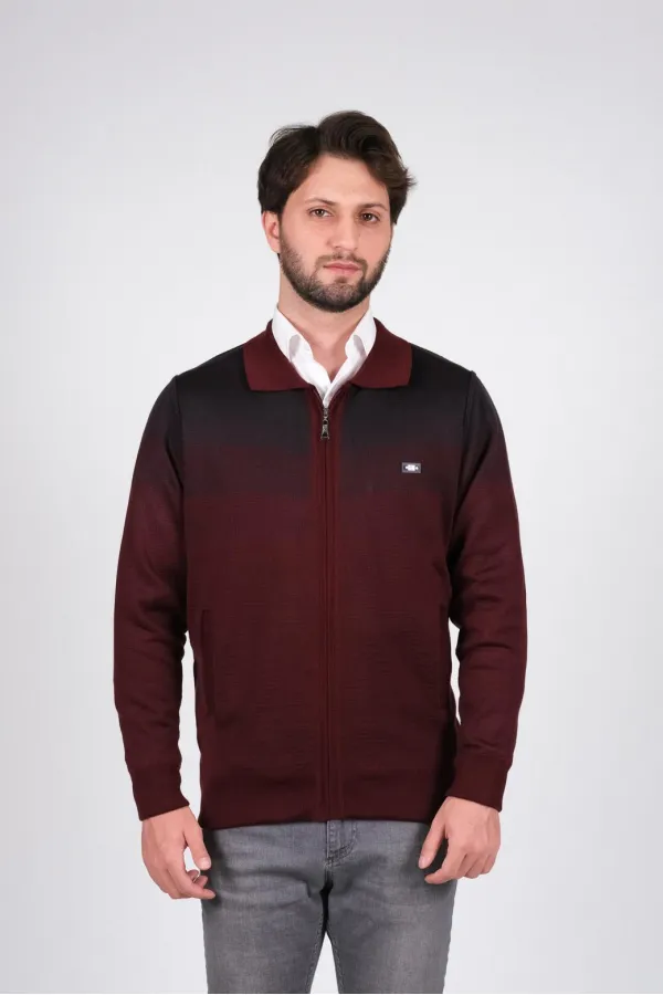 Çizgi Triko Erkek Battal Boy Polo Yaka Astarlı Triko Mont Fermuarlı Desenli 3XL - 4XL - 5XL - Bordo