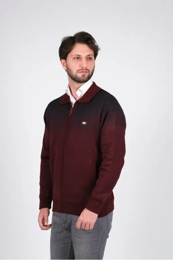 Çizgi Triko Erkek Battal Boy Polo Yaka Astarlı Triko Mont Fermuarlı Desenli 3XL - 4XL - 5XL - Bordo