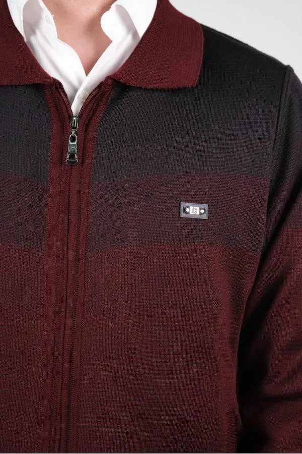 Çizgi Triko Erkek Battal Boy Polo Yaka Astarlı Triko Mont Fermuarlı Desenli 3XL - 4XL - 5XL - Bordo