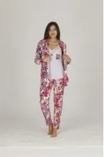 Kadın Teknur Çiçek Desenli Modal Kumaş Üçlü Pijama Takımı Çok Renkli