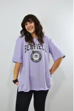 Berfield Baskılı Duble Kol Yırtmaçlı Oversize Kadın T-Shirt Lila