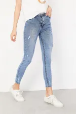 Kadın Mavi Yırtık Detaylı Skinny Jeans