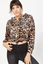 Kadın Siyah Leopar Desenli Kadife Sweatshirt