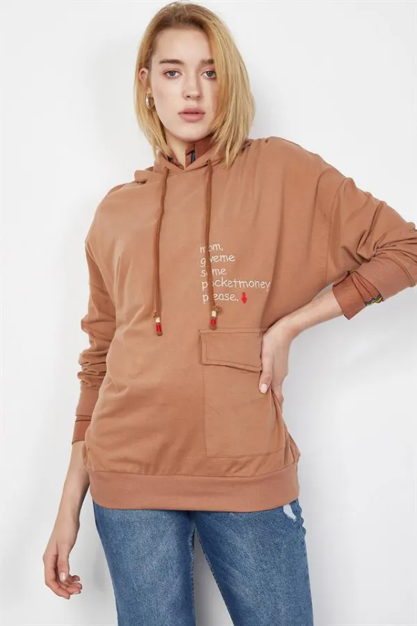 Kadın Taba Yazı Ve Cep Detaylı Sweatshirt