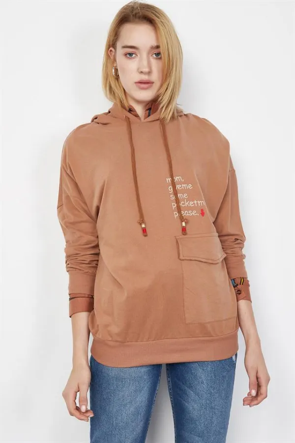 Kadın Taba Yazı Ve Cep Detaylı Sweatshirt